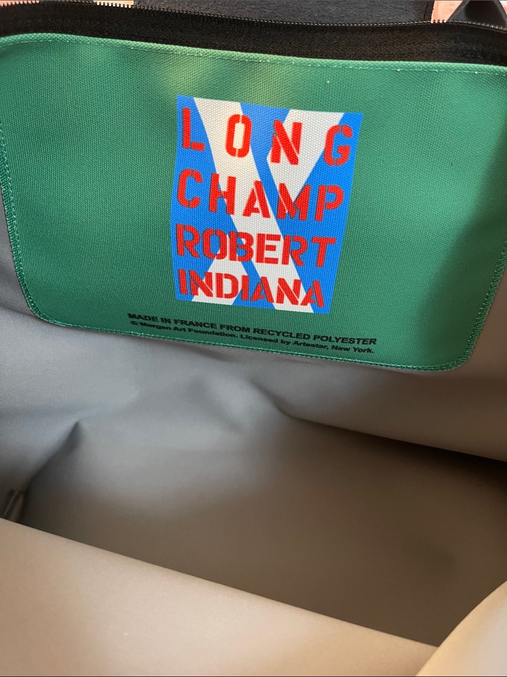 Longchamp x Robert Indiana Le Pliage handbag in a blue, red, and green colorway - Picture 6 of 9